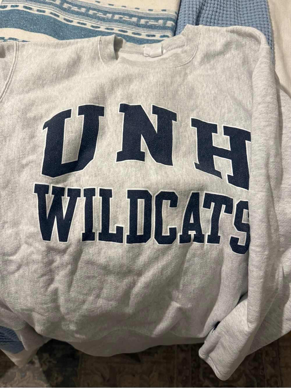 Champion Gray Crewneck Sweatshirt with Navy UNH Wildcats Print